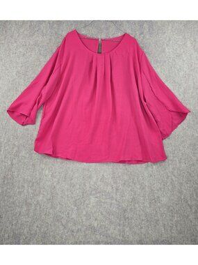 Womens Loose Fit Pink Blouse Keyhole Back Lightweight 3/4 Sleeve Flowy Style